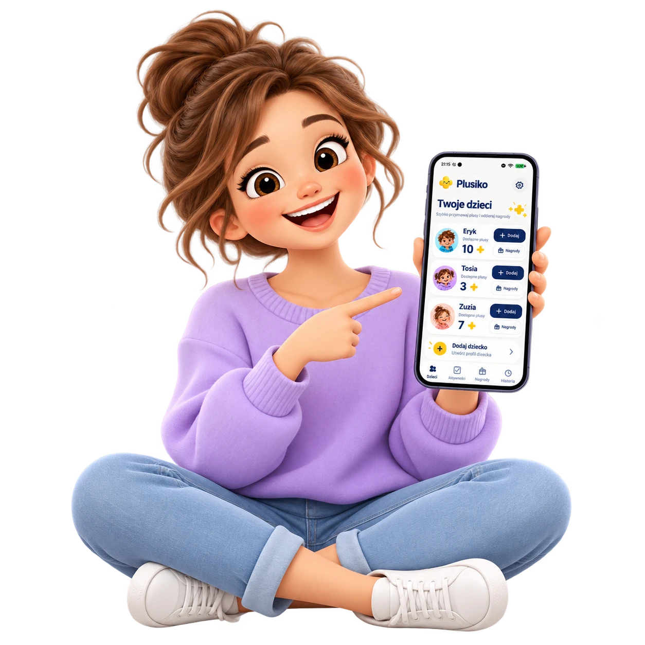 A happy mother presents the Plusiko app, showing a child profiles screen